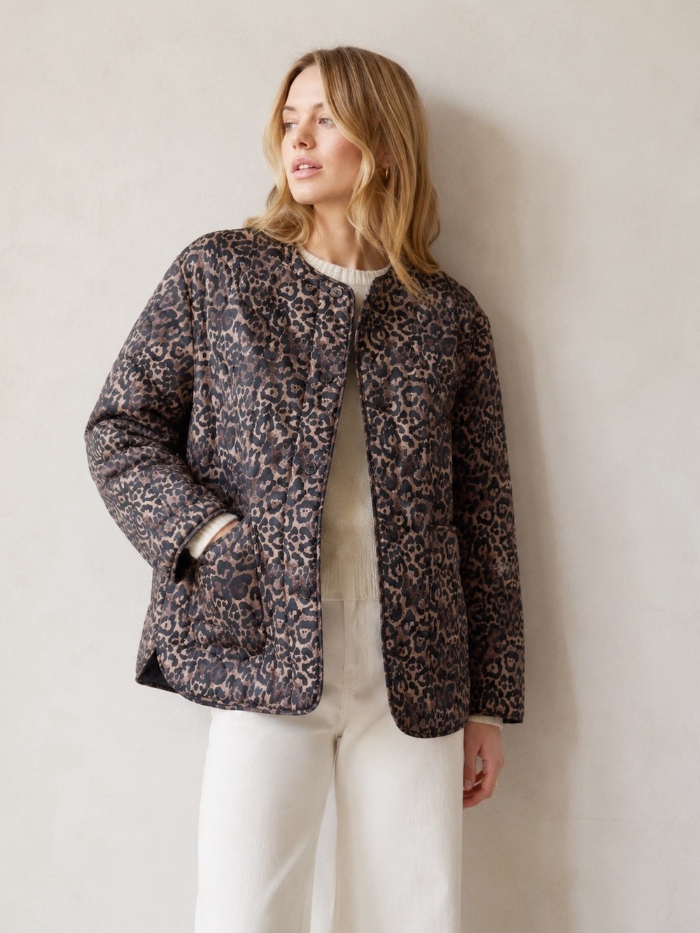 Joe Fresh Woman Leopard Oversized Relax Fit Quilt Jacket MEDIUM Preppy Chic Boho